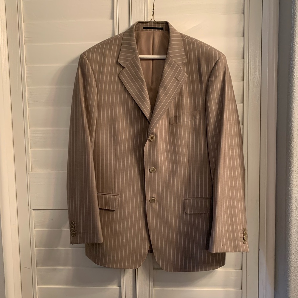 Men’s Studio Milano Beige with White Pin Stripe Suit, Jacket & Pants 44R